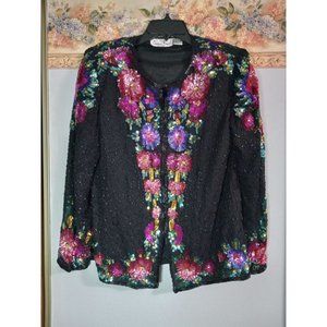 Laurence Krazar Medium Black Vintage Beaded Sequence Event Wedding Flower Blazer